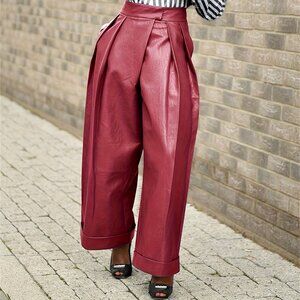 Burgundy: High-Waist Faux Leather Pleated Wide-Leg Cuffed Pants | Wine Burgundy